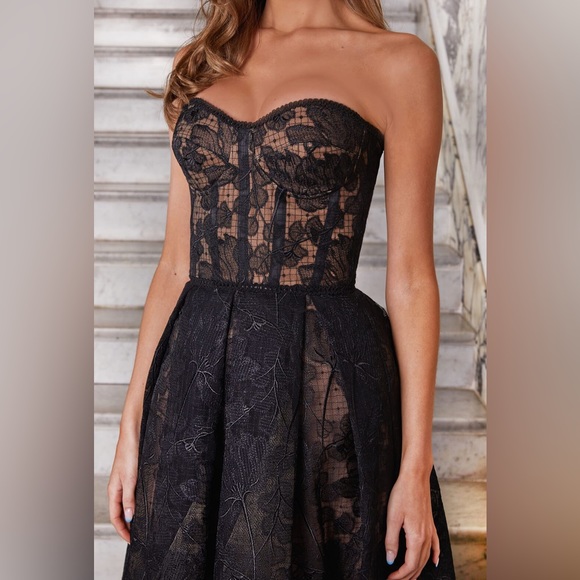 NWOT Nadine Merabi black/nude Olivia dress corseted embroidered lace - Picture 5 of 13